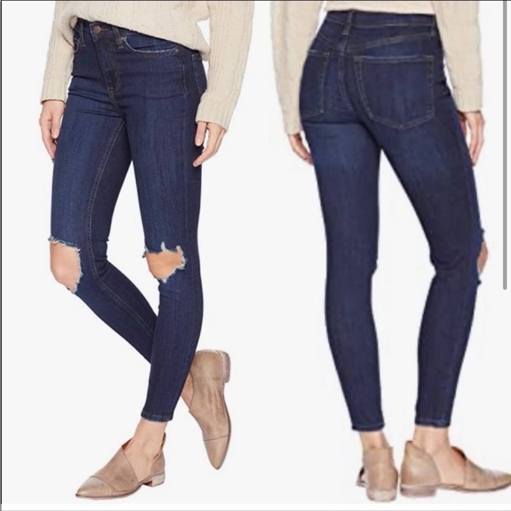 NWT FREE PEOPLE High Rise Busted Knee Skinny Jeans In Dark Blue Size W 25